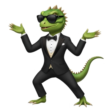 capitalist iguana banker in tuxedo and black sunglasses dancing crazy sticker