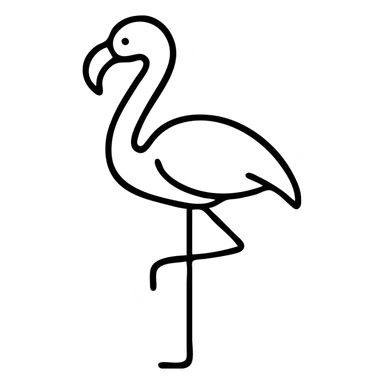 A flamingo with a long slender neck, standing on one thin leg with the other leg tucked up. The bird has a characteristic curved beak and elegant posture. sticker