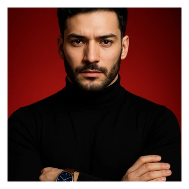 Create an ultra-realistic, high-detail, 4K editorial portrait of the person in the reference image. Emphasize sharp features, flawless fair skin, sleek black hair, and a black turtleneck. The person has arms crossed and wears a wristwatch with a blue dial and brown strap. The background is a bold red gradient with dramatic cinematic lighting. The composition is symmetrical and minimal. This is variation 5. sticker