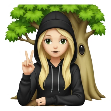 long hair blonde sitting by a tree with her middle finger up. I want her wearing a black beanie and an alien hoodie sticker