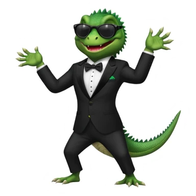 capitalist iguana banker in tuxedo and black sunglasses dancing crazy sticker