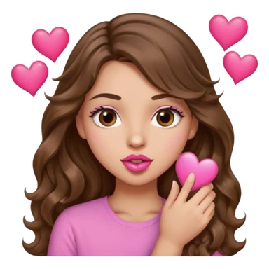 girl with long wavy brown hair, brown eyes, light to medium complexion, in a pink shirt, pink lips, long lashes, puckering up for a kiss, kiss lips and hearts in hand sticker