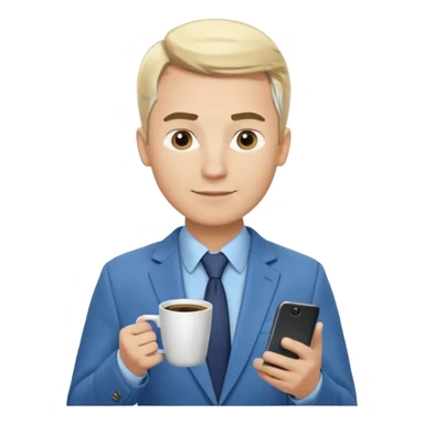 Confident male entrepreneur, Caucasian features, blonde hair, defined eyebrows, slight smile, wearing blue blazer over light blue shirt, holding a smartphone in one hand and a coffee cup in the other, waist-up, front-facing sticker