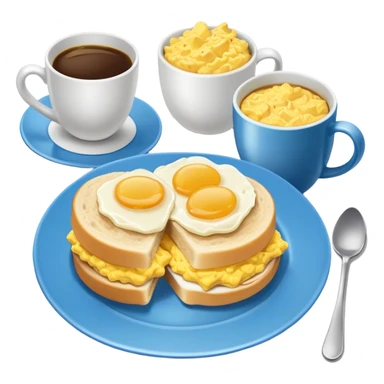 a blue plate with breakfast sandwiches and scrambled eggs and a cup of white coffee sticker