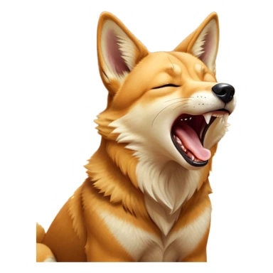 Cinematic Cute Yawning Dingo Portrait Emoji, Head tilted slightly with a dramatic, wide-open yawn, showcasing a soft, sandy fur with gently drooping ears and round amber eyes barely open in drowsy contentment, Simplified yet irresistibly adorable features, highly detailed, glowing with a soft, cozy glow, high shine, relaxed yet expressive, stylized with a touch of wild charm, bright and endearing, soft glowing outline, capturing the essence of a sleepy yet affectionate dingo, so drowsy it feels like it could stretch out of the screen and curl up for a nap! sticker