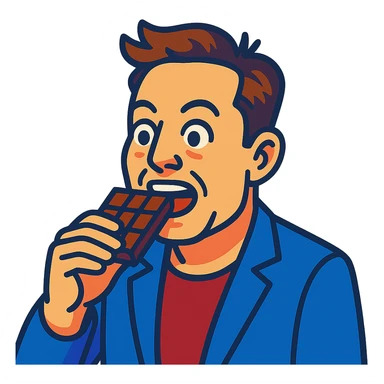 cartoon Elon Musk eating chocolate, vibrant toon style sticker