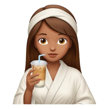 Side profile of a girl with brown hair in a robe and towel sipping iced coffee sticker