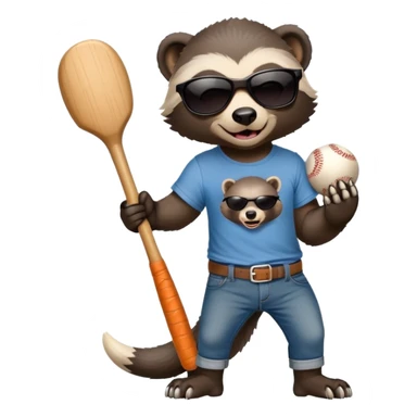 mischievous anthropomorphised honey badger in jeans and a t-shirt, wearing sunglasses, holding a baseball bat sticker