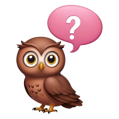 Tiny all brown owl looking up at a pink question mark inside a thought bubble sticker