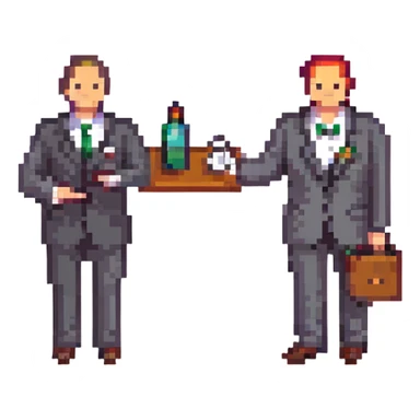 A businessman in a crimson suit with a waiter sticker
