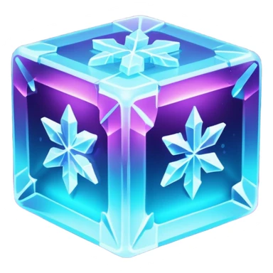 glowing ice crystal cube, icy neon cyan highlights, purple neon accents, dark background, digital tech style. sticker