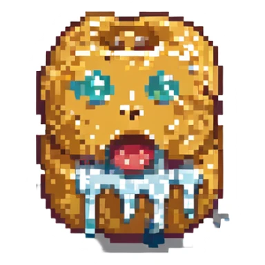 an exhausted tater tot, sweat drops, mouth open, pixel art style sticker