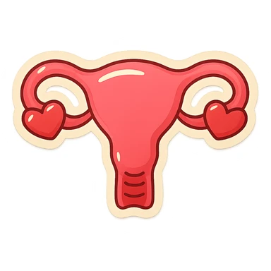 Retro stickers style variant of a uterus with hearts on the ovaries, soft rounded shapes, expressive contours, vintage color palette, light paper texture, shadows and highlights, transparent background. sticker