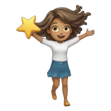 Girl with waving hair holding a star in hands while flying sticker