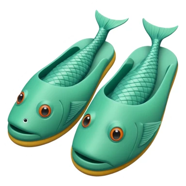 slightly green rubber pool slippers with carp eyes on the top and fish tail in the back sticker