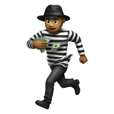 Robber in striped black and white shirt, black hat and bag of money on his back running right sticker
