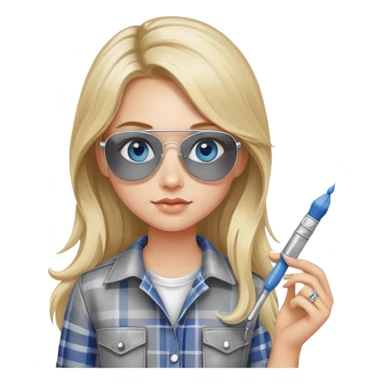 girl with long blond hair, wearing grey plaid shirt with blue eyes and aviator sunglasses wearing a ring on her silver necklace, holding a paint brush roller with a small bit of white paint on her face sticker