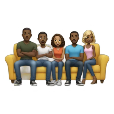 (five black men) standing around a light-skinned girl sitting on a sofa sticker