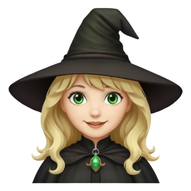 Mulher, branca, cabelos loiros e ondulados com uma franja, olhos verdes e roupa e chapéu de bruxa sticker