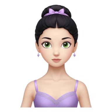 Cinematic Realistic ballerina Light Purple Portrait, depicted with lifelike skin texture, subtle rosy undertones, and soft natural lighting that enhances the gentle contours of her face. Her intricately detailed sweet black hair is elegantly styled, green eyes sticker
