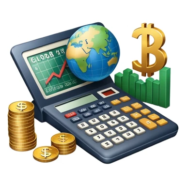An icon featuring a calculator, a dollar sign, and a chart with upward trends, symbolizing economics. The design includes coins, bills, and a globe, representing global trade and financial systems. Transparent background highlights the study of markets, supply, and demand. sticker