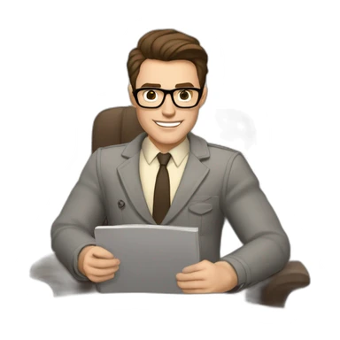 Pale skinned Fit Man With dark brown hair in gray jacket, beige office shirt, Brown pants and vintage glasses sitting In a soft chair with a notebook on spring with emblem Ψ and a pen sticker