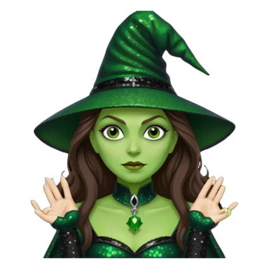 The Wicked Witch from Oz with long brown hair, green skin, black sequin outfit sticker
