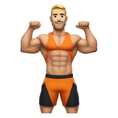 Muscular , bold , Caucasian man in orange t-shirt , black shorts and orange sneakers hanging with only right hand on pull-up bar. Pull up bar is clearly visible sticker