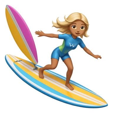 High-resolution detailed emoji of a wingfoil surfer girl, vibrant and expressive style. She is riding a hydrofoil board above ocean waves, holding an inflated wing sail overhead.  sticker