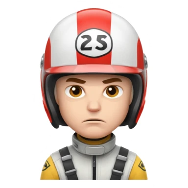 white male racer in helmet, crazy look, taking risks, very serious face, angry sticker