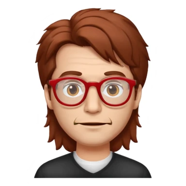 slightly elongated face of a man with red glasses and a big set of brown hair sticker