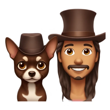 Latino man with stubble beard, lady with flat brim hat and chocolate long-haired chihuahua sticker