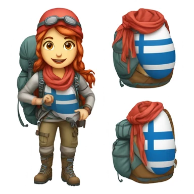 Female winter mountain climber red loose hair climbing with Greek flag on backpack and holding Easter eggs basket sticker
