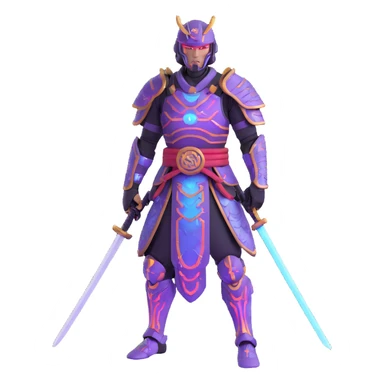 cyborg male samurai in neon cyberpunk environment with holographic armor sticker