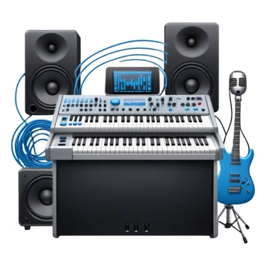 Create a professional and detailed emoji that represents sound design. The design should feature a high-end studio synthesizer (like the Korg), a sound mixing console with visible wires, large studio speakers, and a microphone to symbolize the essential equipment in sound design. Add musical note waves flowing around the equipment to emphasize the connection between sound creation and musical composition. Use sleek, modern colors like black, silver, and neon blue to represent the professional and futuristic nature of sound design. The background should be transparent. sticker