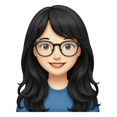 Please generate a portrait of a pretty girl with long, wavy, black hair. She's smiling. She also wears a middle parting and bangs. with glasses sticker