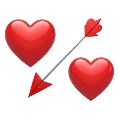 Apple-style 3D illustration of a glossy red heart pierced by a horizontal double-ended arrow. One end of the arrow has a small female symbol, the other end has a small male symbol. The heart is centered, shiny, with soft shadows, floating on a clean white background, minimal and emotional design sticker