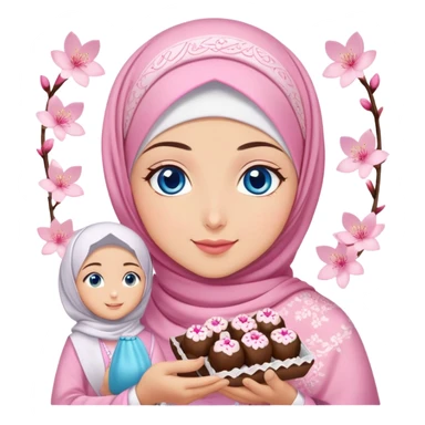 Turkish beautiful finish Konya girl blue eyes with cherry blossom hijab islamic dress and had on her hand text Eid Mubarak with sweets and celebrating with her friends eid days   sticker