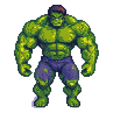Add a pixel art city background behind Hulk flexing muscles, keep the style consistent with pixel art style. sticker
