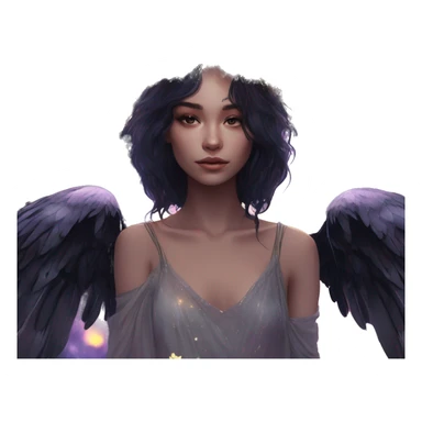 Black Raven wings bohemian girl Ethereal galaxy constellation girl angel raven wings black wings, gold arrow, nebula, flower crown, fairy lights, iridescent, nature, shot by golden arrow sticker