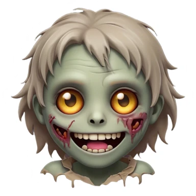 Cinematic Cute Zombie Portrait Emoji, with a delightfully quirky, slightly disheveled face in muted ashen hues, featuring quirky bright eyes and a playful, stitched-together smile, simplified yet irresistibly charming, highly detailed with a soft glowing outline that captures the adorable, offbeat spirit of a zombie who’s more cute than creepy! sticker