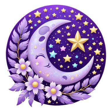 Beautiful poetic magical aesthetic sparkly glittery shiny pretty floating pastel lilac lavender Violet moon and flowers and leaves and feathers and sparkles and stars aesthetic deco sticker