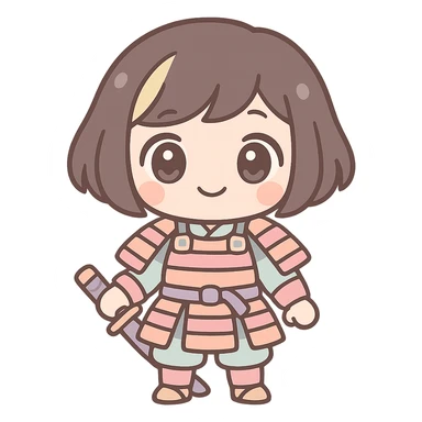 chibi style kawaii samurai girl with short hair and one streak of blonde in her hair, smiling, wearing traditional samurai armor, big eyes, soft colors sticker
