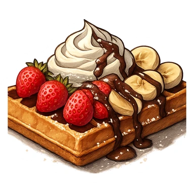 В слегка рисованном, но при этом ярком и объемном стиле с четкими линиями составь фотореалистичную композицию, где горизонтально лежит классическая брюссельская вафля с клубникой и бананом, сливочными кремом, политая шоколадом и посыпанная сахарной пудрой, профессиональный свет, подчеркивающий объем, сделай картинку более широкой, прозрачный фон sticker