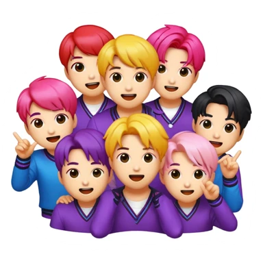 Cinematic Realistic BTS Pop Culture Emoji, featuring a dynamic, energetic portrayal of the acclaimed K-pop group rendered with vibrant textures and energetic, colorful lighting. sticker