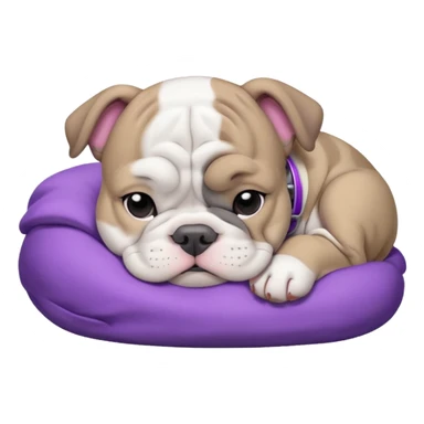grey and white bulldog puppy sleeping with a purple collar on sticker
