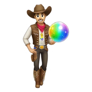 extremely gay cowboy with glitterball. full body with a rainbow badge sticker