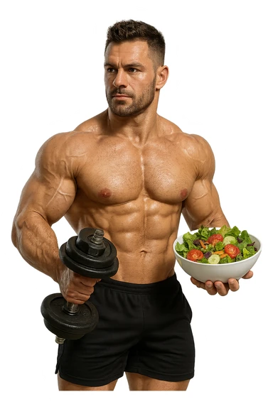 bodybuilder che tiene un manubrio da palestra nella mano destra e una bowl di insalata nella mano sinistra sticker
