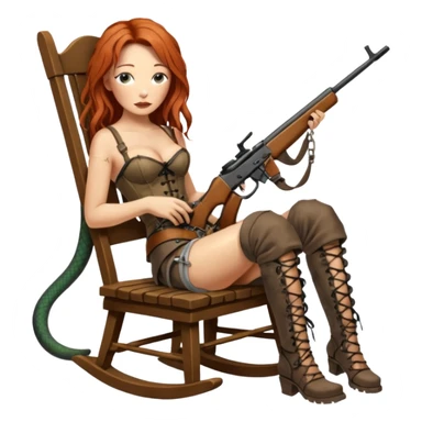 solarpunk ultra HD old and tired Tori Amos casually crouches on a rocking chair in a torn corset, holding a lintlock rifle and with muddy feet. a bronze snake wrapped itself around the chair sticker