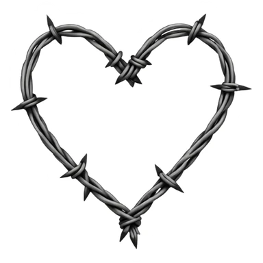 Minimal black line art heart made from barbed wire, hand-drawn sketch look, uneven ink strokes, 6–7 barbs with twisted knots, simple clean outline, centered on plain white background, high contrast sticker